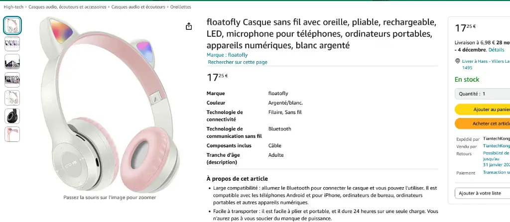 Screenshot 2024-11-09 at 20-25-32 floatofly Casque sans fil avec oreille pliable rechargeable LED microphone pour téléphones ordinateurs portables appareils numériques blanc argenté Amazon.com.be High-tech.webp