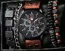 Montre à quartz ronde bracelet cuir daim + 4 bracelets