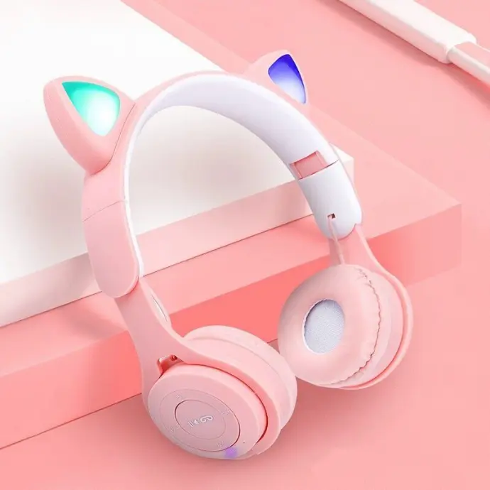 CASQUE AUDIO POUR ENFANTS avec oreilles led , PORT CARTE MINI SD  WIRELESS BLUETOOTH 5.0 EDR BTEBR47 ROSE