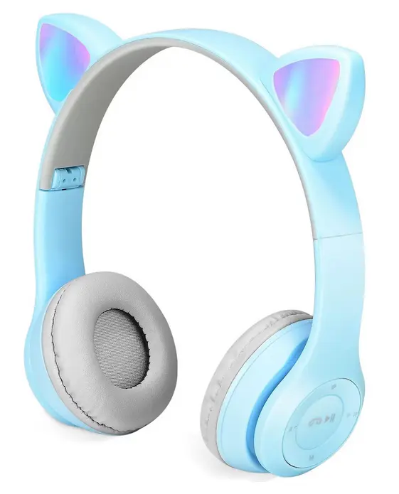 CASQUE AUDIO POUR ENFANTS avec oreilles led , PORT CARTE MINI SD WIRELESS BLUETOOTH 5.0 EDR BTEBR47 BLEU